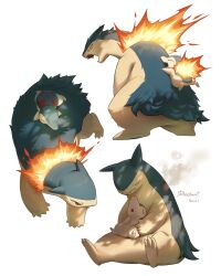  absurdres clinging cyndaquil fire highres hoishere7 multiple_views no_humans pokemon pokemon_(creature) pokemon_focus red_eyes simple_background sitting smoke typhlosion white_background 