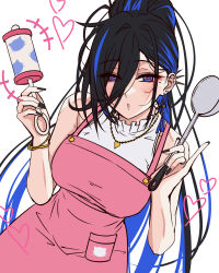  1girl alternate_costume animal_print apron bare_shoulders black_hair black_nails blue_eyes blue_hair blue_ribbon blue_streaks blush bracelet cat_print colored_inner_hair commentary_request double-parted_bangs ear_piercing earrings flat_color hair_between_eyes heart heart-shaped_pupils high_ponytail highres holding holding_ladle holding_rattle jewelry ladle long_bangs long_hair looking_at_viewer maximum_pamyu mole mole_under_eye multicolored_hair multiple_bracelets multiple_earrings nail_polish official_alternate_hairstyle phase_connect piercing pink_apron pink_pupils pocket ponytail rattle ribbon ribbon_earrings shirt simple_background sleeveless sleeveless_shirt solo spiked_ear_piercing streaked_hair symbol-shaped_pupils unfinished very_long_hair virtual_youtuber white_background white_shirt 