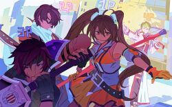  1girl 3boys absurdres agate_crosner ahoge asymmetrical_bangs belt black_gloves bo_staff brown_gloves brown_hair closed_mouth commentary cropped_jacket crossbow double-parted_bangs dual_wielding eiyuu_densetsu estelle_bright fingerless_gloves firo3404 floating_hair gloves greatsword green_hair green_headband green_streaks grin hair_between_eyes hair_slicked_back headband highres holding holding_behind_back holding_crossbow holding_staff holding_sword holding_weapon holding_weapon_behind_back huge_weapon joshua_bright kevin_graham long_hair long_sleeves looking_at_viewer multicolored_hair multiple_boys over_shoulder overskirt parted_lips red_eyes red_hair scarf short_hair sleeveless sleeveless_jacket smile sora_no_kiseki spiky_hair staff standing streaked_hair swept_bangs sword thumbs_up too_many too_many_belts tsurime twintails two-tone_hair untranslatable_commentary v-shaped_eyebrows very_long_hair weapon weapon_over_shoulder white_overskirt white_scarf yellow_eyes 