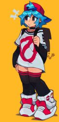  1girl ^^^ backpack backwards_hat bag black_choker black_thighhighs blonde_hair blue_hair boyfriend_(friday_night_funkin') choker collarbone commentary donaizt ear_piercing earrings english_commentary freckles friday_night_funkin' full_body genderswap genderswap_(mtf) hair_through_headwear hat highres holding_strap jewelry layered_sleeves lesbian_flag long_sleeves looking_to_the_side no_symbol oversized_clothes oversized_shirt piercing red_hat ribbed_socks shirt short_hair signature socks solo standing thigh-highs white_socks 