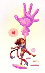  1girl absurdres black_hair closed_eyes closed_mouth commentary dark-skinned_female dark_skin dress english_commentary full_body heart highres kamala_khan large_hands long_hair long_sleeves marvel mikemaihack ms._marvel_(series) red_scarf scarf smile solo spoken_heart superhero_costume 