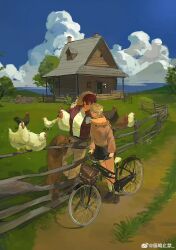  1boy 1girl alex_(degrees_of_lewdity) alex_(male)_(degrees_of_lewdity) animal arm_around_neck backpack bag bicycle bicycle_basket bird black_skirt blonde_hair chicken degrees_of_lewdity dog double-parted_bangs farm farmer fence full_body gloves hair_between_eyes hat hetero highres holding holding_animal kiss long_hair miniskirt nohonkingplz open_clothes open_shirt outdoors pants pink_sweater player_character_(degrees_of_lewdity) player_character_(female)_(degrees_of_lewdity) red_hair rural shirt skirt sky socks standing straw_hat sweater toned toned_male tree very_long_hair watermark weibo_watermark white_gloves white_shirt white_socks wooden_fence wooden_house yellow_pants 