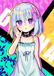  1girl camisole choker commentary dohna_dohna_issho_ni_warui_koto_o_shiyou highres looking_at_viewer nangong_(skarndrnjs) parted_lips porno_(dohna_dohna) short_hair solo spiked_choker spikes standing strap violet_eyes white_camisole white_hair 