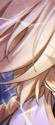  1boy aether_(genshin_impact) artist_name black_shirt blonde_hair braid chromatic_aberration commentary_request electricity eyelashes genshin_impact hair_focus long_hair low-braided_long_hair low-tied_long_hair male_focus purple_background sato_nji scarf shirt simple_background single_braid social_media_composition solo sparkle veins watermark white_scarf 