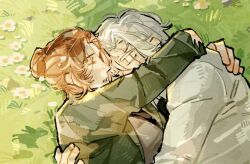  1boy 1girl arms_around_another's_back arms_around_neck black_necktie breasts brown_hair brown_shirt chinese_commentary closed_eyes collared_shirt commentary_request covered_mouth eyelashes field flower flower_field grass green_jacket hair_bun hetero highres hug infinity_nikki jacket large_breasts liora_(infinity_nikki) long_sleeves lumeidaodishenmeshihouchuchushichengji lying necktie nikki_(series) on_back on_ground open_clothes open_jacket parted_lips personification pointy_nose scar scar_across_eye scar_on_face scarface_benny_(infinity_nikki) shirt short_hair single_hair_bun sleeping torn_clothes torn_sleeves upper_body white_flower white_hair white_shirt 