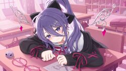  1girl absurdres black_cardigan cardigan chair classroom closed_mouth commentary desk detached_wings english_commentary guest_art hair_between_eyes highres hololive hololive_english indoors jewel_under_eye koseki_bijou long_hair long_hair_between_eyes looking_at_viewer metal_wings neckerchief official_alternate_costume official_alternate_hairstyle pebble_(koseki_bijou) ponytail purple_hair purple_neckerchief school_chair school_desk school_uniform serafuku shiroyumin shirt sitting smile solo unworn_eyewear violet_eyes virtual_youtuber white_shirt wings 