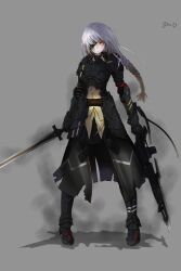  1girl absurdres armor assault_rifle boots braid braided_ponytail closed_mouth english_commentary eyepatch full_body geoe9 girls_frontline grey_background grey_hair gun highres holding holding_gun holding_sword holding_weapon long_hair looking_at_viewer m16 m16a1_(boss)_(girls'_frontline) m16a1_(girls'_frontline) orange_eyes pauldrons rifle shadow shoulder_armor simple_background solo standing sword weapon 