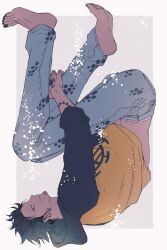 1boy arm_tattoo barefoot black_hair border earrings facial_hair feet full_body goatee grey_background hood hoodie jewelry law106g male_focus one_piece pants short_hair sideburns solo tattoo trafalgar_law upside-down white_border yellow_hoodie 
