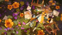 1girl absurdres black_pantyhose blonde_streaks boots bottle canvas_(object) closed_eyes cropped_jacket dress easel field flower flower_field from_above full_body grey_hair hair_flower hair_ornament hair_over_one_eye hand_on_own_hip highres isekaijoucho jacket kamitsubaki_studio knee_boots long_hair long_sleeves lying multicolored_hair nyansky on_back open_clothes open_jacket outdoors pantyhose parted_lips pencil purple_flower short_dress side_part sleeping solo streaked_hair white_boots yellow_dress yellow_flower 