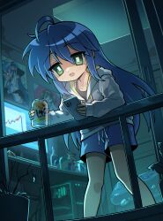  1girl :3 absurdres ahoge balcony black_shirt blue_hair blue_shorts blush bottle bow bow_panties can cellphone chocolate_cornet commentary computer computer_tower dead_plants feet_out_of_frame food green_eyes grey_hoodie hair_between_eyes hatsune_miku highres hood hoodie izumi_konata light_blush looking_at_phone lucky_star mold mole mole_under_eye monitor open_mouth panties phone plant potted_plant shirt shorts smartphone smile solo star_(symbol) stock_market striped_clothes striped_panties strong_zero suzumiya_haruhi suzumiya_haruhi_no_yuuutsu unagiii_0 underwear v vocaloid 