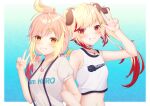  2girls animal_ear_fluff animal_ears animare bare_shoulders blonde_hair blue_background blush breasts character_name choker crop_top dog_ears gradient_background grin highres hira_hikari jewelry locked_arms long_hair looking_at_viewer low_twintails medium_breasts multicolored_hair multiple_girls nanashi_inc. necklace o-ring o-ring_choker orange_eyes orange_nails pink_hair print_shirt puffy_short_sleeves puffy_sleeves red_eyes redhead rin_(0917608) seshima_rui shirt short_sleeves sleeveless sleeveless_shirt small_breasts smile suspenders twintails two-tone_hair upper_body virtual_youtuber w white_choker white_shirt 