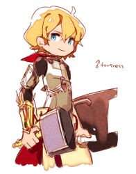  1boy anpolly armor blonde_hair blue_eyes character_name closed_mouth commentary_request cowboy_shot fortress_(sekaiju) fortress_2_(sekaiju) genderswap genderswap_(ftm) hair_between_eyes hammer holding holding_hammer holding_shield looking_at_viewer male_focus pants red_pants sekaiju_no_meikyuu sekaiju_no_meikyuu_4 shield short_hair simple_background smile solo white_background 