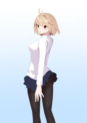  1girl antenna_hair arcueid_brunestud black_pantyhose blonde_hair blue_background blue_skirt breasts commentary_request floating_clothes from_behind gradient_background highres large_breasts looking_at_viewer looking_back miniskirt pale_skin pantyhose red_eyes short_hair sidelocks single_hair_intake skirt solo standing sweater taketsuki_217 tsukihime tsukihime_(remake) turning_head turtleneck turtleneck_sweater white_sweater 