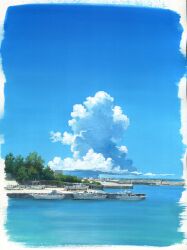  beach blue_sky boat clouds commentary_request cumulonimbus_cloud day highres no_humans ocean original outdoors sawitou_mizuki scenery sky watercraft 