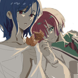  1boy 1girl amate_yuzuriha aqua_eyes aqua_shirt aqua_skirt blue_hair closed_mouth collared_shirt colored_inner_hair couple gundam gundam_gquuuuuux hetero highres holding long_sleeves multicolored_hair necktie open_mouth purple_hair red_eyes red_hair school_uniform shirt short_hair shuji_ito simple_background skirt smile sweater turumiya_s two-tone_hair white_background white_shirt 