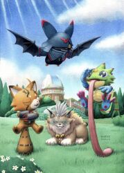  bat_(animal) blue_eyes blue_hood bush cat chiropmon closed_eyes cougar cougarmon crescent crescent_facial_mark cross-shaped_pupils diegotehe digimon digimon_(creature) digimon_beatbreak facial_mark flower flying forehead_mark gecko gekkomon grass highres hood hoodie light_rays long_tongue no_humans observatory one_eye_covered open_mouth outdoors prehensile_tongue pristimon sentient_stuffed_toy signature smile stuffed_raccoon stuffed_toy sunbeam sunlight symbol-shaped_pupils tongue tongue_out traditional_media tree very_long_tongue white_flower yellow_eyes 