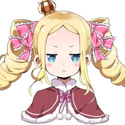  1girl beatrice_(re:zero) blonde_hair blue_eyes bow butterfly-shaped_pupils capelet crown drill_hair fur-trimmed_capelet fur_trim hair_ornament kei_(0497) long_hair looking_at_viewer mini_crown parted_bangs pink_ribbon portrait re:zero_kara_hajimeru_isekai_seikatsu red_capelet ribbon solo straight-on symbol-shaped_pupils twin_drills white_background 