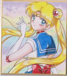  1girl back_bow bishoujo_senshi_sailor_moon blonde_hair blue_eyes blue_sailor_collar blush bow breasts butterfly_background chikoto_(kztc4472) choker circlet closed_mouth collarbone colorful_background commentary crescent crescent_choker crescent_earrings curtained_hair double_bun earrings elbow_gloves from_behind gem gloves gold_circlet hair_bun hair_ornament hand_up head_tilt highres jewelry leotard lone_nape_hair long_hair looking_at_viewer magical_girl medium_breasts parted_bangs photo_(medium) red_bow red_choker red_gem red_trim sailor_collar sailor_moon sailor_senshi_uniform shikishi short_sleeves smile solo traditional_media tsukino_usagi turning_head twintails upper_body very_long_hair white_gloves white_leotard 