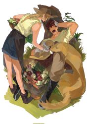  1boy 1girl alex_(degrees_of_lewdity) alex_(male)_(degrees_of_lewdity) basket black_boots blue_shorts bone boots braid brown_boots brown_hair carrot closed_eyes daisy_(flower) degrees_of_lewdity dog facing_another flower full_body gloves hand_on_own_head hat highres holding holding_unworn_clothes holding_unworn_hat knee_up leaning_forward licking long_hair lying nohonkingplz on_back on_ground player_character_(degrees_of_lewdity) player_character_(female)_(degrees_of_lewdity) red_hair shirt short_hair short_sleeves shorts spread_legs standing unworn_hat unworn_headwear very_short_hair white_gloves yawning yellow_shirt 