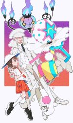  1boy 1girl :d anger_vein blacephalon black_necktie border braid brown_eyes brown_hair chandelier chandelure chikafuji coat collared_shirt commentary_request emmet_(pokemon) fire floating full_body grey_eyes grey_hair hat highres juliana_(pokemon) long_hair looking_at_another naranja_academy_school_uniform neck_ruff necktie open_mouth orange_necktie orange_shorts peaked_cap pokemon pokemon_(creature) pokemon_black_and_white pokemon_scarlet_and_violet polka_dot purple_background purple_fire school_uniform shirt short_hair shorts simple_background smile standing white_border white_coat white_hat white_shirt yellow_eyes 