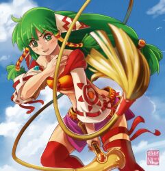  1girl absurdres artist_logo belt blush clouds cloudy_sky crop_top dynamic_pose english_commentary feena_(grandia) grandia grandia_i green_eyes green_hair hair_ornament hair_tubes highres holding holding_whip jewelry logo long_hair long_sleeves low-tied_long_hair orange_shirt pendant pink_skirt red_thighhighs sergio_nhur shirt simple_bird skirt sky solo thigh-highs whip white_sleeves wide_sleeves 