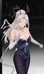  1girl absurdres alternate_costume animal_ear_hairband animal_ears armpits bare_shoulders blue_eyes breasts fake_animal_ears forehead_tattoo grey_hair hairband highres jingwei_(wuthering_waves) large_breasts long_hair looking_at_viewer playboy_bunny simple_background solo sydiiiiiii tacet_mark_(wuthering_waves) tattoo thighs white_hair wuthering_waves 