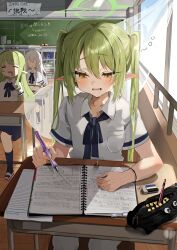  3girls absurdres black_skirt blue_archive blue_ribbon chalkboard commentary_request desk dress eraser green_hair green_halo grey_hair halo highlander_railway_academy_student_(hg)_(blue_archive) highres hikari_(blue_archive) hutomomo117 long_hair long_sidelocks multiple_girls notebook nozomi_(blue_archive) open_mouth pantyhose pen pointy_ears ribbon school_desk school_uniform shirt siblings sidelocks sisters skirt sleeping sleepy solo_focus squeans tail twins twintails white_dress white_hair white_pantyhose white_shirt window writing yellow_eyes 
