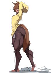   1girl absurdres agnes_tachyon_(tach-nology)_(umamusume) agnes_tachyon_(umamusume) arm_behind_head barefoot closed_eyes commentary highres muscular muscular_female muscular_legs okehhdehhh pantyhose shoes simple_background solo stretching sweater tail thick_thighs thighs umamusume untranslatable_commentary wolf_cut yawning yellow_sweater