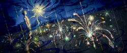  1boy absurdres false_memory fireworks floppy_disk glowing guan_chao_(false_memory) halo high-visibility_clothing high-visibility_vest highres male_focus night outdoors pants rain sallyyoyoyo sandals scenery shirt short_sleeves sky solo sparkle standing stitched water white_shirt 