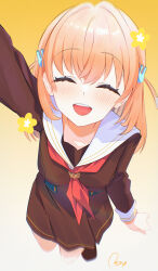  1girl :d ^_^ arm_up brown_dress closed_eyes commentary_request dress facing_viewer flower_symbol gradient_background hair_ornament hasu_no_sora_school_uniform highres hinoshita_kaho jumping long_sleeves love_live! love_live!_hasu_no_sora_jogakuin_school_idol_club medium_hair neckerchief open_mouth orange_hair pleated_dress rabbit_hair_ornament red_neckerchief reitou_mkn sailor_collar sailor_dress school_uniform signature smile solo teeth two_side_up upper_teeth_only virtual_youtuber white_sailor_collar winter_uniform yellow_background 