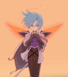  1girl absurdres armor blue_eyes blue_hair bodysuit cape commentary_request covered_navel earrings grandia grandia_i half-closed_eyes highres jewelry leen_(grandia) orange_background orange_wings purple_armor purple_shirt shirt short_hair shoulder_armor simple_background solo sword tamumayo weapon white_cape white_sleeves wings 
