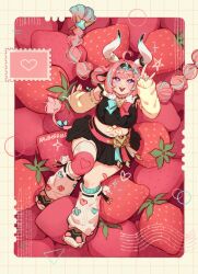  1girl :d \m/ ahoge alt_text animal_ears aqua_hair aqua_hairband aqua_ribbon aqua_streaks asymmetrical_legwear bandage_on_face bandages belt black_hairband black_shirt black_shoes black_skirt blunt_bangs braid bright_pupils circle commentary cow_ears cow_girl cow_horns cow_tail crop_top cross detached_sleeves english_commentary food fruit full_body genshin_impact gradient_hair grid_background hair_intakes hairband hawberries heart horns instagram_username jewelry leg_warmers miniskirt mismatched_legwear mismatched_socks multicolored_hair multicolored_hairband multicolored_shoes multiple_rings nail_polish pink_belt pink_hair pink_hairband pink_nails pink_ribbon pink_shoes pink_theme postage_stamp ribbon ring shirt shoes single_thighhigh skirt smile sneakers socks solo star_(symbol) stitches strawberry streaked_hair tail tail_ornament tail_ribbon thigh-highs triangle tumblr_username twin_braids twitter_username two-tone_hair two-tone_ribbon varesa_(genshin_impact) violet_eyes white_background white_leg_warmers white_pupils white_shoes yellow_sleeves 