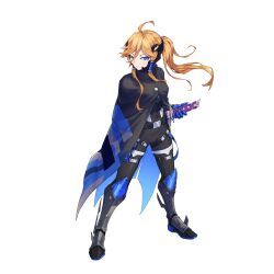  1girl absurdres alternate_costume alternate_hairstyle armored_boots azure_striker_gunvolt belt blade_(gunvolt) blonde_hair blue_eyes body_armor bodysuit boots breasts cloak commission commissioner_upload covered_navel eyelashes gauntlets gunvolt_chronicles_luminous_avenger_ix hand_on_hilt highres kiauwrenn knee_armor long_bangs long_hair long_sidelocks medium_breasts non-web_source ponytail scabbard sheath sidelocks solo suspenders_hanging swept_bangs sword thigh_strap thighs transparent_background weapon 
