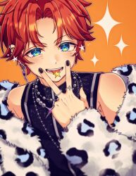  1boy absurdres animal_print bead_necklace beads black_nails black_shirt blue_eyes blush commentary ensemble_stars! fur_jacket highres jacket jewelry leopard_print looking_at_viewer male_focus multiple_necklaces multiple_rings necklace official_alternate_costume official_alternate_hairstyle open_clothes open_jacket open_mouth orange_background orange_hair parted_bangs ring sakuragitune810 shirt short_hair simple_background sleeveless sleeveless_shirt smile solo star_(symbol) teeth tongue tongue_out untranslatable_commentary upper_body w white_jacket 