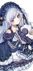  1girl blush commentary copyright_request dress frilled_dress frilled_sleeves frills grey_hair headdress highres jewelry lkdig long_hair looking_at_viewer necklace one_side_up simple_background solo untranslatable_commentary violet_eyes white_background 