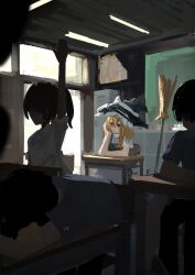  1girl absurdres apron arm_up black_hat black_skirt black_vest blonde_hair bow broom chair classroom commentary_request desk grey_eyes hair_between_eyes hat hat_bow head_rest highres indoors kageboushi_(kageboushi_desu) kirisame_marisa long_hair people school_chair school_desk short_sleeves sitting skirt touhou vest waist_apron white_apron white_bow witch_hat 