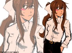  1girl artist_name belt belt_buckle black_belt black_pants blush_stickers bow brown_hair buckle closed_mouth commentary doki_doki_literature_club english_commentary frown hair_bow hand_in_pocket highres iamnotverywei long_hair long_sidelocks long_sleeves looking_at_viewer looking_to_the_side monika_(doki_doki_literature_club) pants ponytail shirt sidelocks single_blush_sticker solo sweatdrop turning_head white_bow white_shirt 