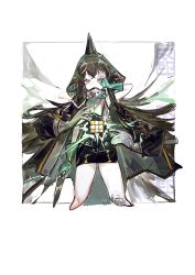  1girl arknights black_hair black_jacket border brown_hair chinese_commentary commentary_request cropped_legs dress gloves green_gloves highres hood hood_up jacket kafka_(arknights) long_hair long_sleeves looking_at_viewer open_clothes pipidan rubik's_cube short_dress simple_background solo very_long_hair white_background yellow_eyes 