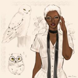  1girl adjusting_eyewear alternate_costume animalization artist_name bird border brown_background choker collared_shirt commentary dark-skinned_female dark_skin eyeshadow eyewear_strap flower gachiakuta glasses hand_on_eyewear highres lace lace_border lily_(flower) lipgloss makeup mar3via ornate_border owl parted_lips person_and_animalization polka_dot polka_dot_shirt red_lips round_eyewear semiu_grier shirt short_hair short_sleeves simple_background solo sparkle upper_body very_short_hair white_flower white_hair white_shirt yellow_eyes 