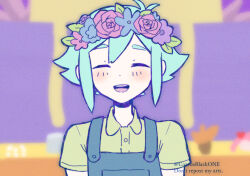  1boy basil_(headspace)_(omori) basil_(omori) big_yellow_cat_(omori) blue_overalls blush closed_eyes collared_shirt colored_skin commentary_request corvusblackone double-parted_bangs flower flower_wreath green_shirt hair_between_eyes head_wreath highres male_focus omori open_mouth overalls shirt sidelocks smile solo teeth tongue upper_teeth_only white_skin 