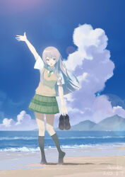  1girl absurdres arm_up ayako_(dfl) bang_dream! bang_dream!_it's_mygo!!!!! beach black_socks blush brown_sweater_vest chihaya_anon clouds commentary cumulonimbus_cloud dated diagonal-striped_clothes diagonal-striped_necktie english_commentary fang full_body green_necktie green_skirt grey_eyes highres kneehighs lens_flare long_hair necktie no_shoes ocean open_mouth pink_hair plaid_clothes plaid_skirt pleated_skirt shirt skin_fang skirt socks solo standing striped_clothes striped_necktie sweater_vest waving white_shirt 