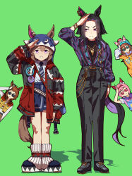  5girls absurdres animal_ears beanie biko_pegasus_(casual)_(umamusume) biko_pegasus_(umamusume) black_hair black_pants black_shirt blue_necktie blue_overalls blush bow bracelet breasts brown_hair closed_mouth collared_shirt diagonal-striped_clothes diagonal-striped_necktie ear_bow ear_covers ears_through_headwear fenomeno_(gouki_naru_shien)_(umamusume) fenomeno_(umamusume) flipped_hair frown gold_necklace green-tinted_eyewear green_background hair_between_eyes hair_ornament hairband haru_urara_(casual)_(umamusume) haru_urara_(umamusume) hat headband highres hood hoodie horned_hat horse_ears horse_girl horse_tail jacket jewelry long_hair long_sleeves looking_at_viewer multicolored_hair multiple_girls necklace necktie no_uwazumi official_alternate_costume open_clothes open_jacket open_mouth orange_hoodie overall_shorts overalls pants pink-tinted_eyewear pink_hair pink_headband pink_shirt purple_hair ribbon salute samson_big_(casual)_(umamusume) samson_big_(umamusume) sharp_teeth shinko_windy_(gabugabu_scamp)_(umamusume) shinko_windy_(umamusume) shirt shoes short_hair short_sleeves simple_background skirt small_breasts smile striped_clothes striped_necktie sunglasses tail teeth teeth_print tinted_eyewear umamusume vest violet_eyes white_shirt 
