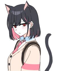  1girl animal_ears black_choker black_hair black_survival black_tail brown_cardigan cardigan cat_ears cat_girl cat_tail choker collared_shirt colored_inner_hair ear_piercing earrings eternal_return:_black_survival heart heart_earrings heart_necklace jewelry kemonomimi_mode light_blush lix_(iroiro3843) looking_at_viewer marlene_(after_school)_(black_survival) marlene_(black_survival) multicolored_hair necklace necktie official_alternate_costume piercing pink_hair pink_necktie pink_streaks red_eyes school_uniform shirt short_hair solo streaked_hair tail white_background white_shirt 