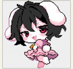  1girl ahiru_tokotoko ahoge animal_ears barefoot black_hair carrot checkered_background chibi chibi_only commentary_request dress floppy_ears full_body inaba_tewi looking_back open_mouth pink_dress pixel_art rabbit_ears rabbit_girl rabbit_tail red_eyes short_hair short_sleeves solo tail touhou 