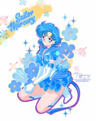  1girl bishoujo_senshi_sailor_moon blue_eyes blue_hair blue_sailor_collar blue_skirt boots character_name earrings elbow_gloves flower full_body gloves high_heel_boots high_heels highres jewelry looking_at_viewer mizuno_ami pleated_skirt sailor_collar sailor_mercury shirt short_hair signature simple_background skirt solo tiffanymarsou white_background white_boots white_gloves white_shirt 