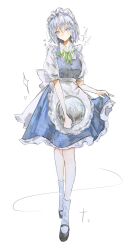  1girl apron back_bow black_shoes blue_dress blue_eyes bow braid character_name collared_shirt commentary_request dress frilled_dress frills full_body green_bow green_ribbon grey_hair hair_bow highres holding holding_tray izayoi_sakuya long_hair looking_at_viewer maid maid_headdress mary_janes neck_ribbon pinafore_dress ribbon shirt shoes sleeveless sleeveless_dress socks solo tadugane touhou translation_request tray twin_braids waist_apron white_apron white_bow white_shirt white_socks 