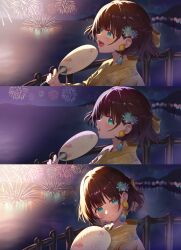  1girl absurdres aqua_eyes blurry blush bokeh boku_no_edamame brown_hair commentary_request depth_of_field earrings feather_earrings feathers fireworks from_side hand_fan highres japanese_clothes jewelry kimono looking_at_viewer medium_hair mole mole_under_mouth night nijisanji paper_fan sequential shiga_riko smile virtual_youtuber yellow_kimono yukata 