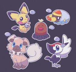  ... ^_^ alolan_diglett arm_up bell bird black_background black_eyes blue_eyes bright_pupils bug ci_spl closed_eyes closed_mouth dog grubbin heart highres holding holding_bell jingle_bell looking_at_viewer looking_up musical_note no_humans outline pichu pikipek pokemon pokemon_(creature) pokemon_focus rockruff simple_background sitting smile speech_bubble spoken_ellipsis spoken_expression spoken_heart spoken_musical_note spoken_sweatdrop sweatdrop white_outline white_pupils 
