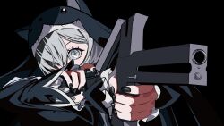  1girl absurdres aiming animal_hood black_background black_nails black_veil cat_hood commentary_request cross-shaped_pupils digimon digimon_(creature) dual_wielding eyes_visible_through_hair grey_eyes grey_hair gun hair_over_one_eye highres holding holding_gun holding_weapon hood nun nun_headdress simple_background sistermon_noir solo symbol-shaped_pupils tai_(cheungsk1213) veil weapon 
