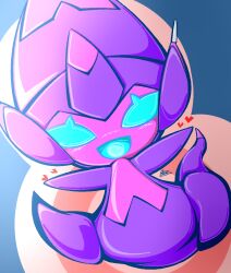  artist_name blue_background blue_eyes blush colored_skin commentary_request heart highres looking_at_viewer no_humans nose_blush open_mouth poipole pokemon pokemon_(creature) pokemon_focus purple_skin sanusanu signature smile solo 